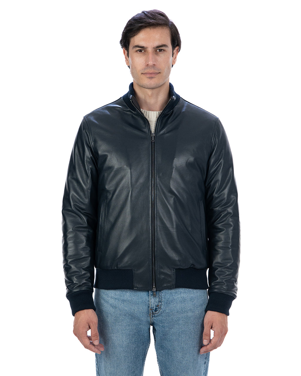 SIMON Giacca Bomber da uomo in vera pelle blu imbottita