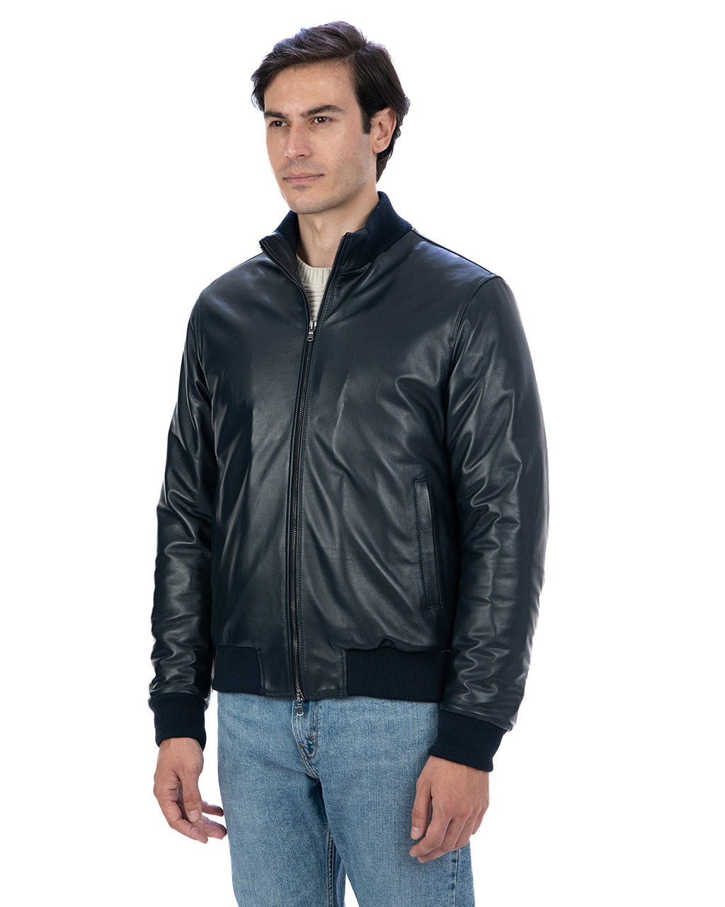 SIMON Giacca Bomber da uomo in vera pelle blu imbottita