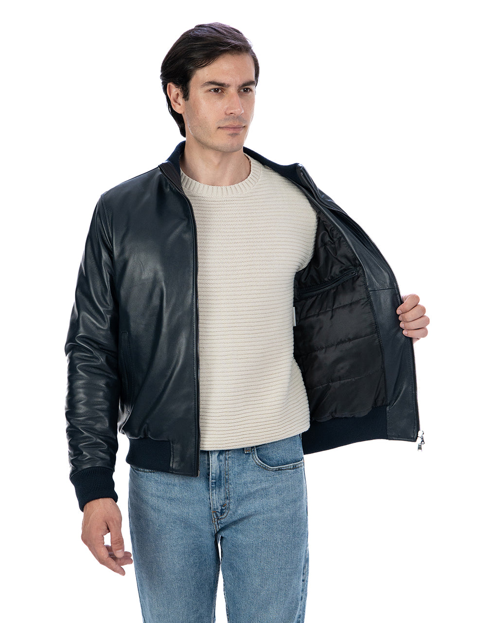 SIMON Giacca Bomber da uomo in vera pelle blu imbottita