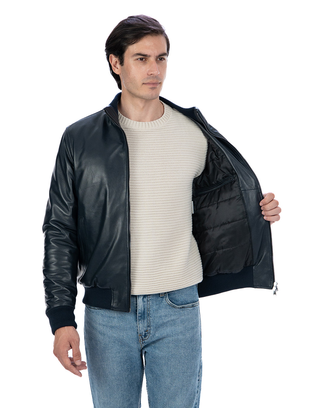 SIMON Giacca Bomber da uomo in vera pelle blu imbottita