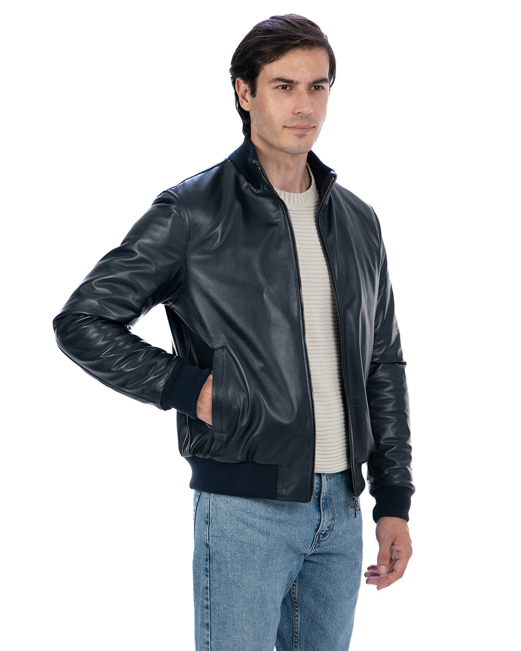 SIMON Giacca Bomber da uomo in vera pelle blu imbottita