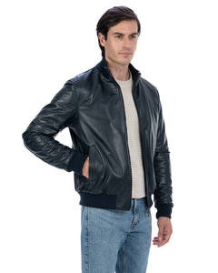 SIMON Giacca Bomber da uomo in vera pelle blu imbottita