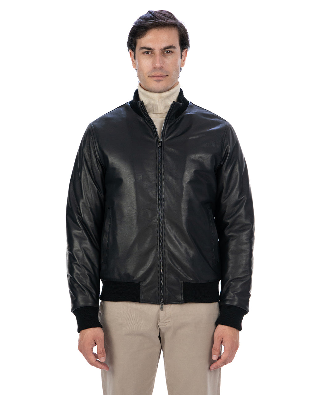 SIMON Giacca Bomber da uomo in vera pelle nero imbottita