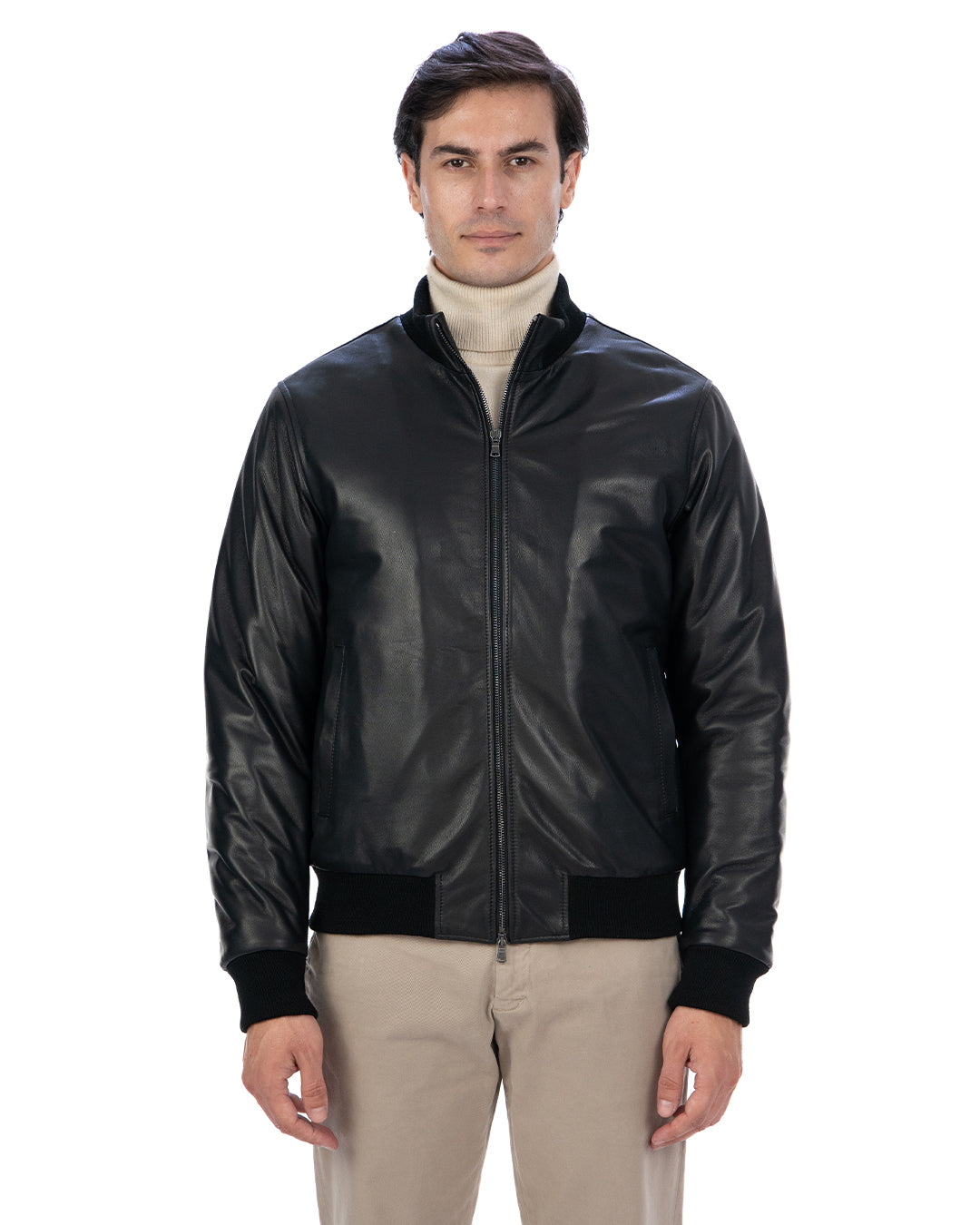 SIMON Giacca Bomber da uomo in vera pelle nero imbottita