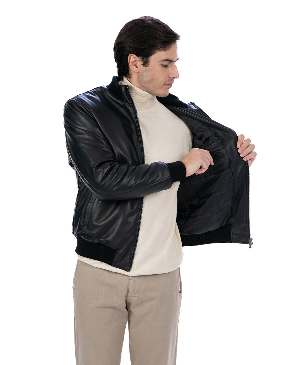 SIMON Giacca Bomber da uomo in vera pelle nero imbottita