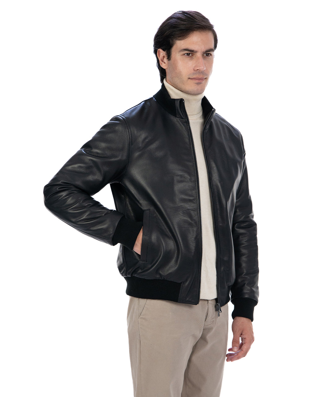 SIMON Giacca Bomber da uomo in vera pelle nero imbottita