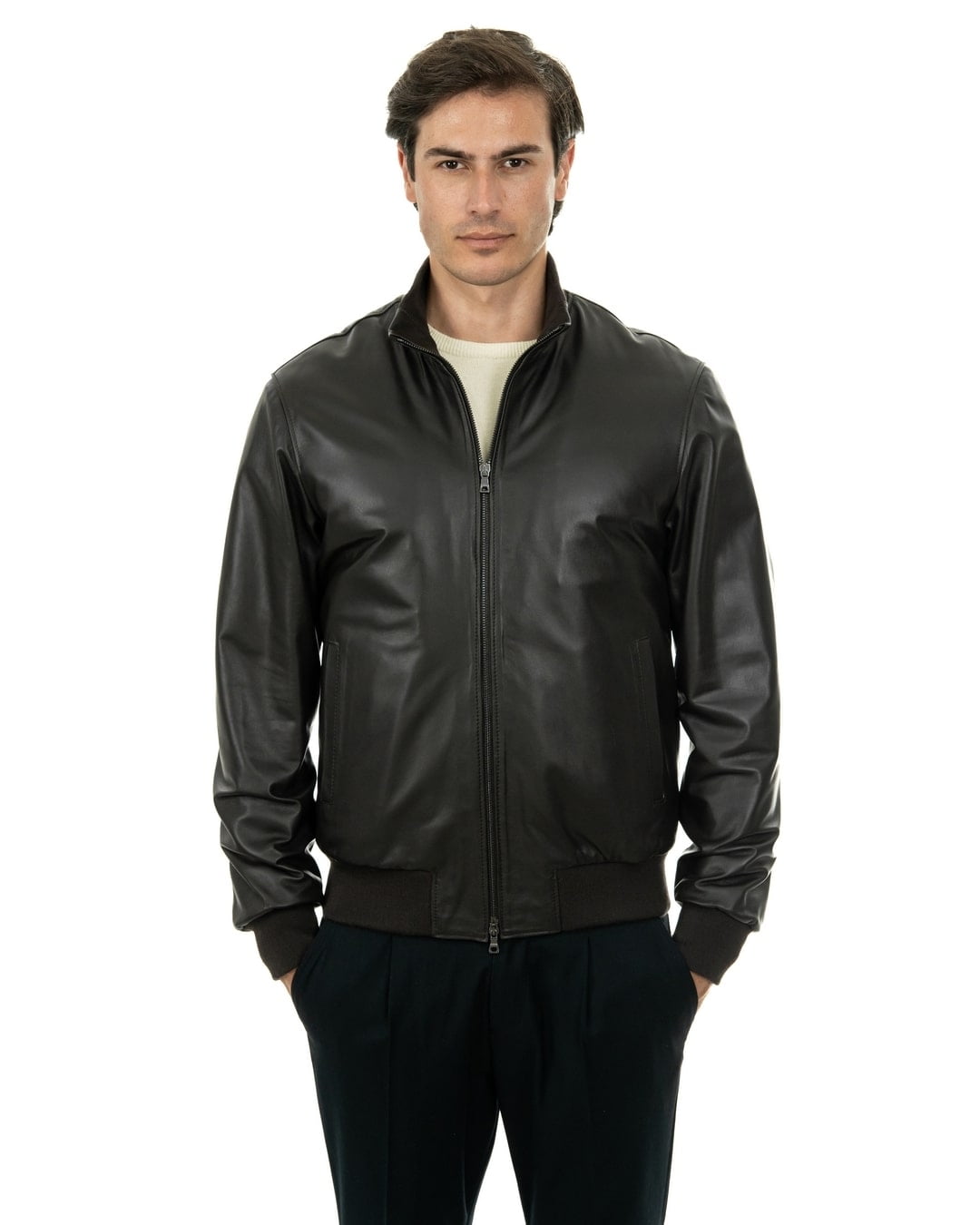 Giacca Bomber da uomo in vera pelle marrone imbottita