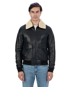 OSCAR SH Bomber Collo Camicia da uomo in vera pelle nero