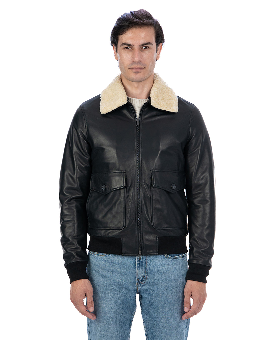 OSCAR SH Bomber Collo Camicia da uomo in vera pelle nero