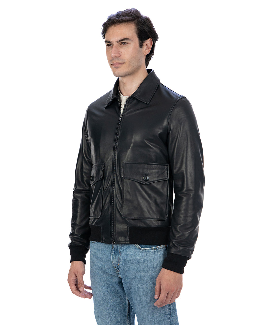 OSCAR Bomber Collo Camicia da uomo in vera pelle nero