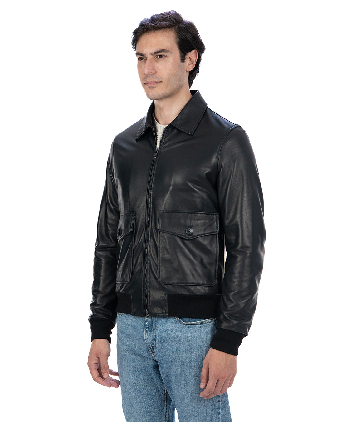 OSCAR Bomber Collo Camicia da uomo in vera pelle nero