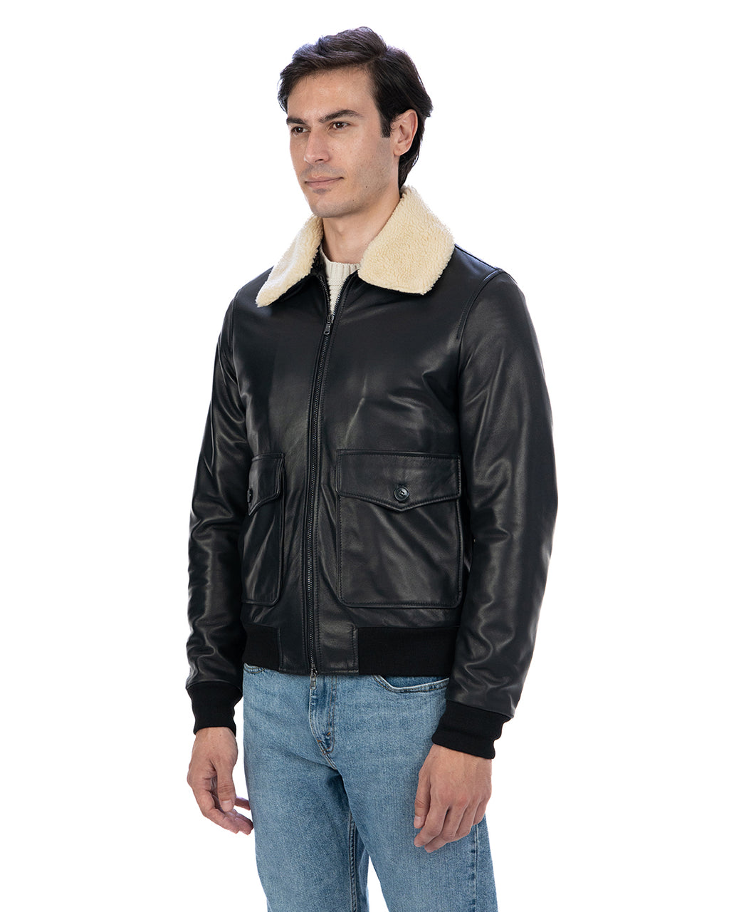 OSCAR SH Bomber Collo Camicia da uomo in vera pelle nero