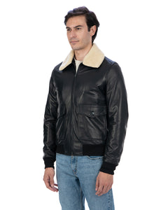 OSCAR SH Bomber Collo Camicia da uomo in vera pelle nero