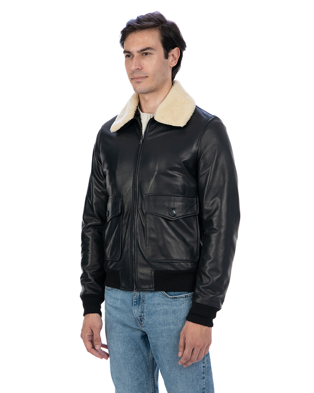 OSCAR SH Bomber Collo Camicia da uomo in vera pelle nero