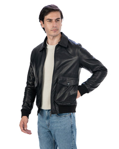 OSCAR Bomber Collo Camicia da uomo in vera pelle nero
