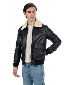 OSCAR SH Bomber Collo Camicia da uomo in vera pelle nero