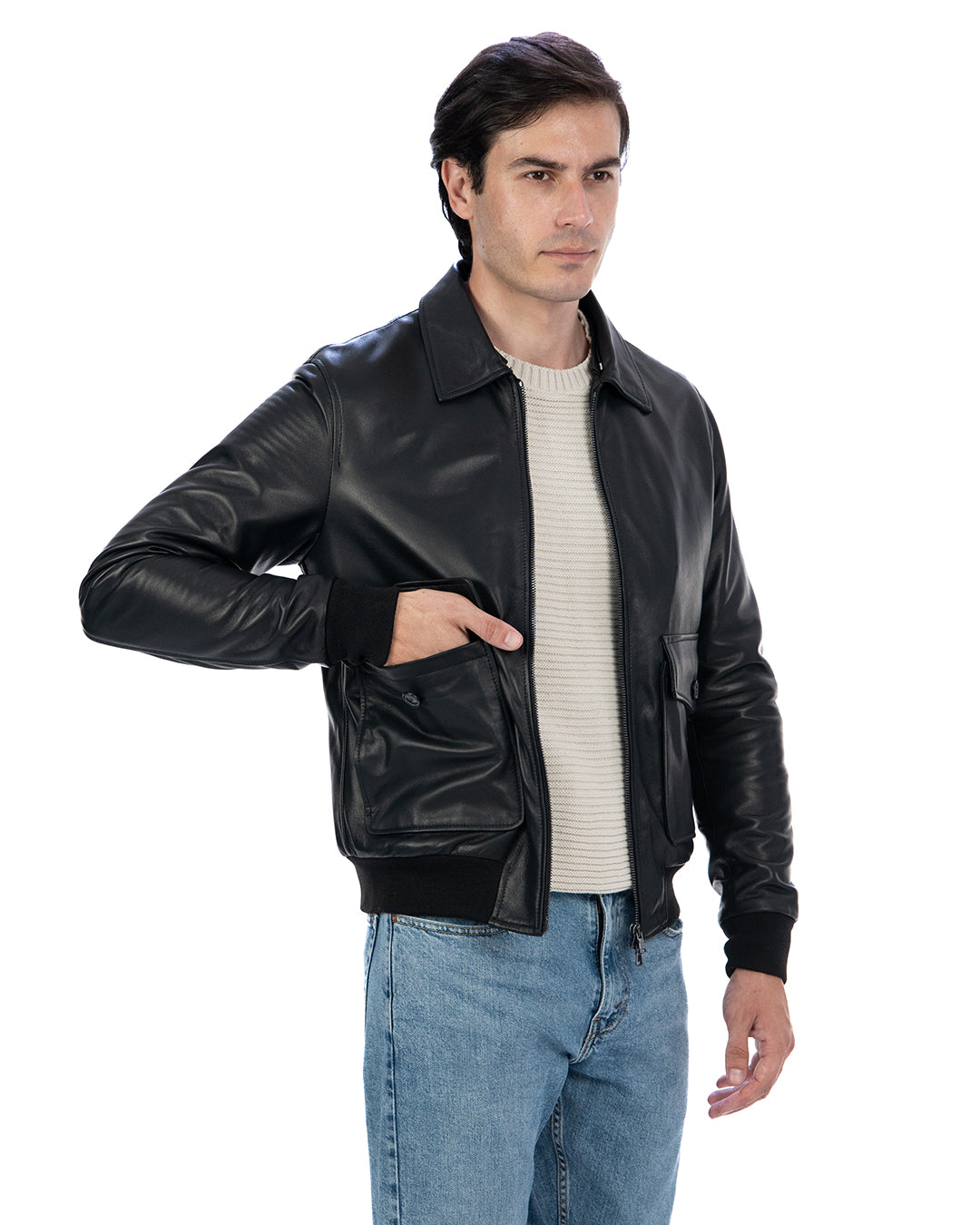 OSCAR Bomber Collo Camicia da uomo in vera pelle nero
