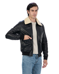 OSCAR SH Bomber Collo Camicia da uomo in vera pelle nero
