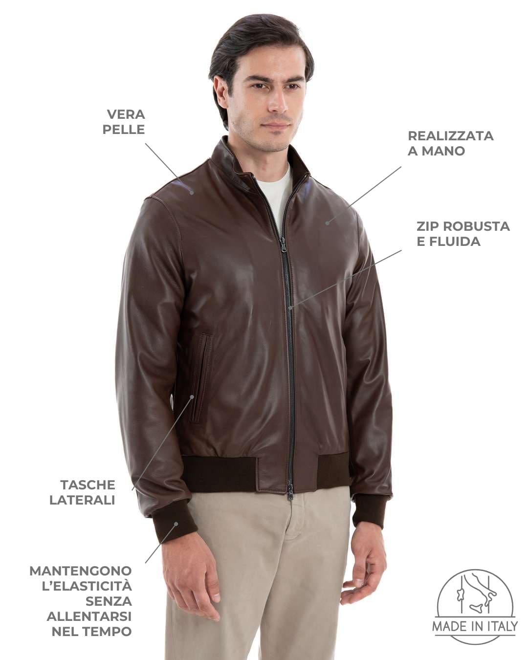 PHILIPH Giacca Bomber da uomo in vera pelle marrone effetto tamponato