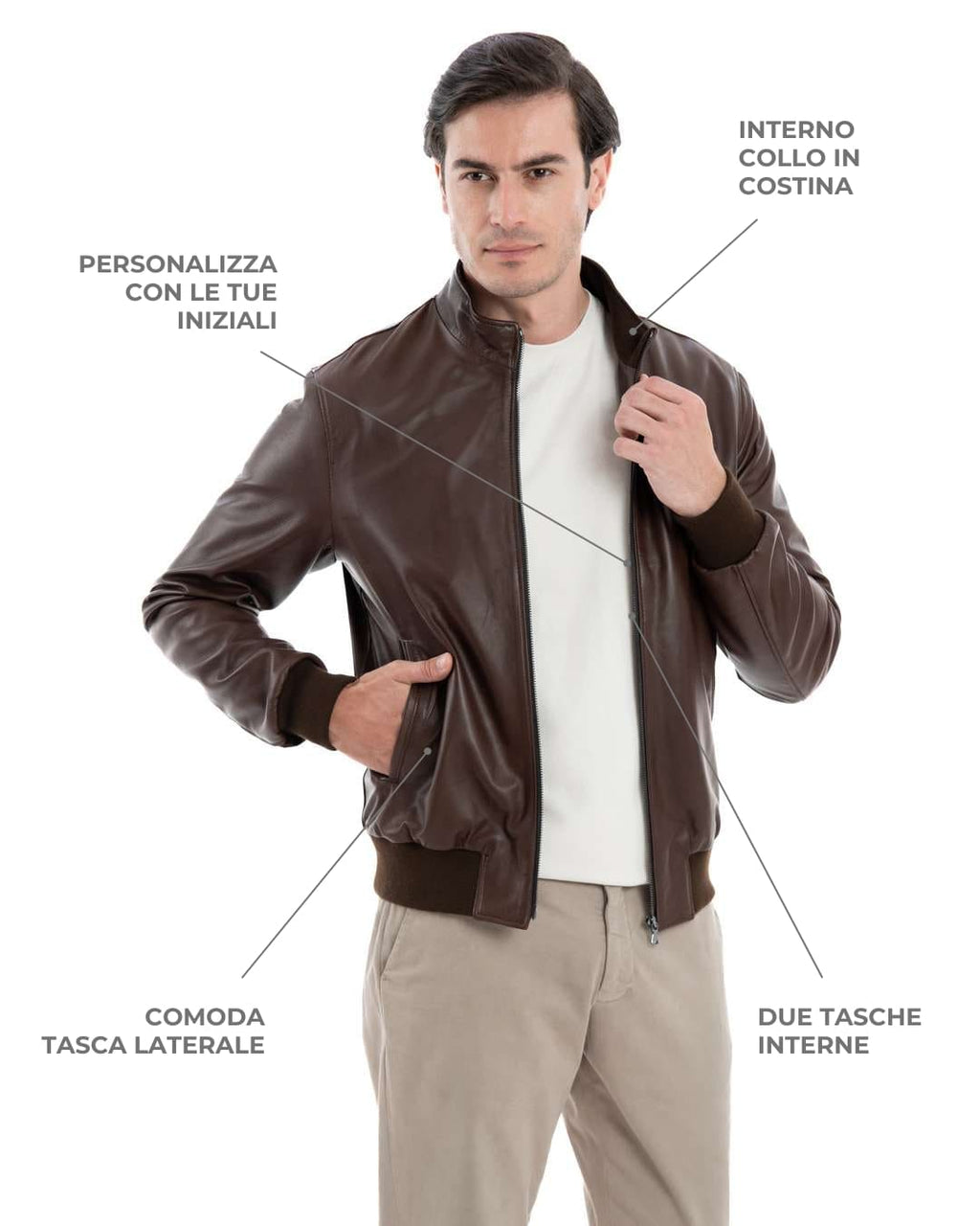 PHILIPH Giacca Bomber da uomo in vera pelle marrone effetto tamponato