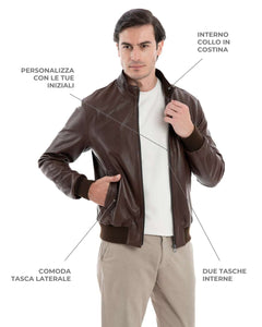 PHILIPH Giacca Bomber da uomo in vera pelle marrone effetto tamponato