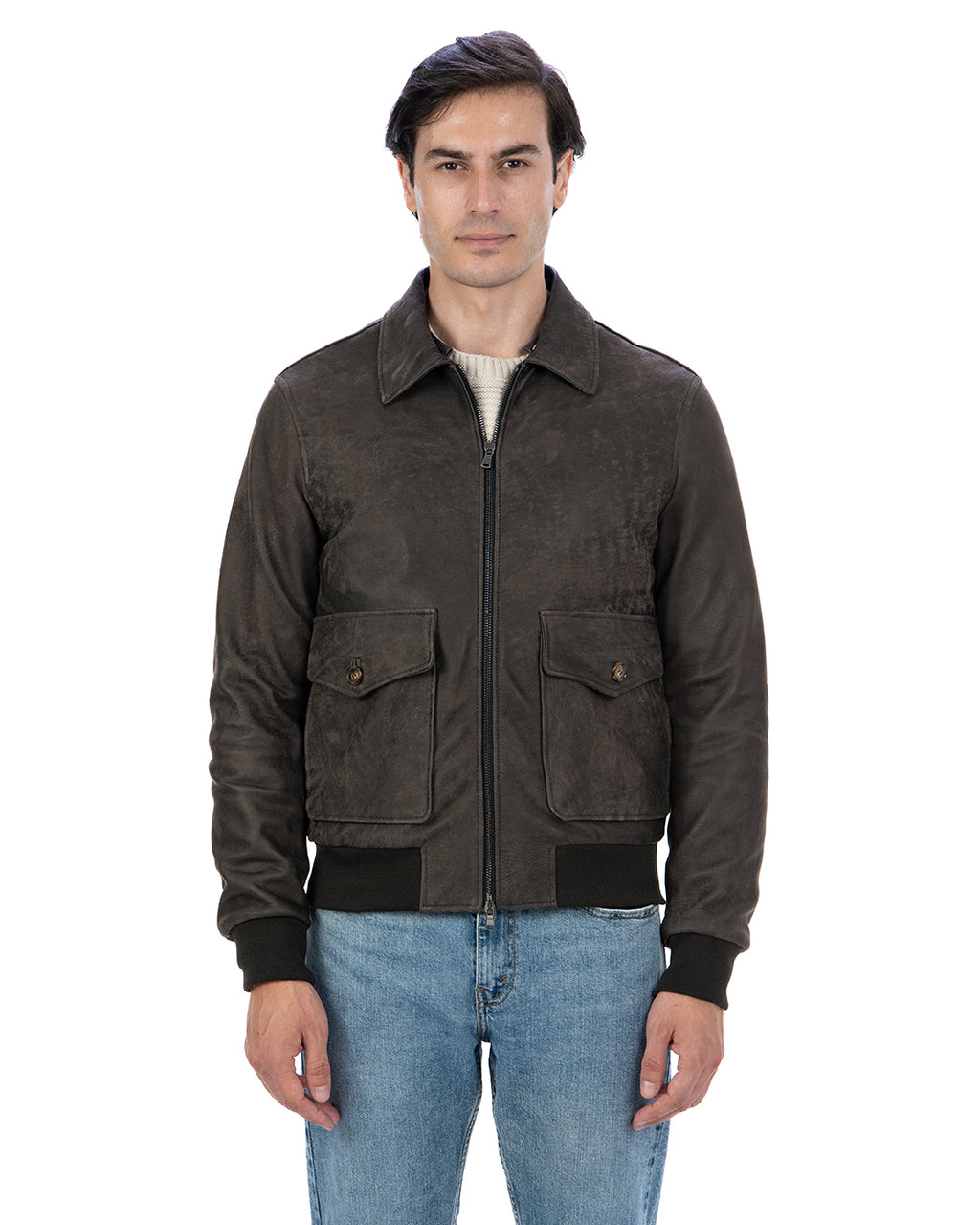 OSCAR Bomber Collo Camicia da uomo in vera pelle marrone effetto invecchiato