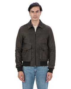 OSCAR Bomber Collo Camicia da uomo in vera pelle marrone effetto invecchiato