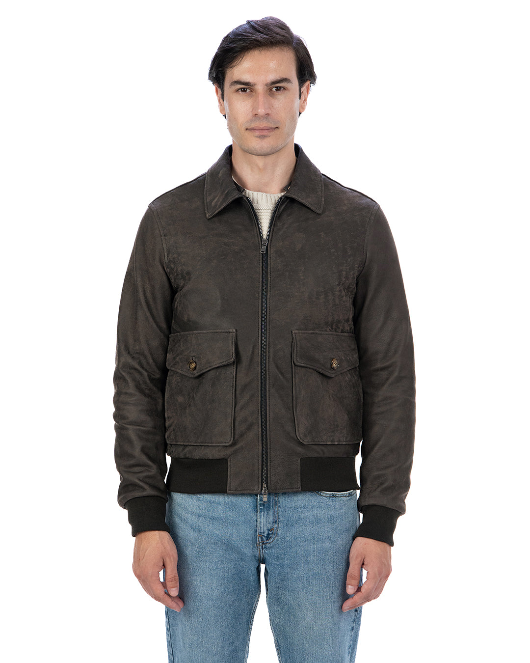OSCAR Bomber Collo Camicia da uomo in vera pelle marrone effetto invecchiato