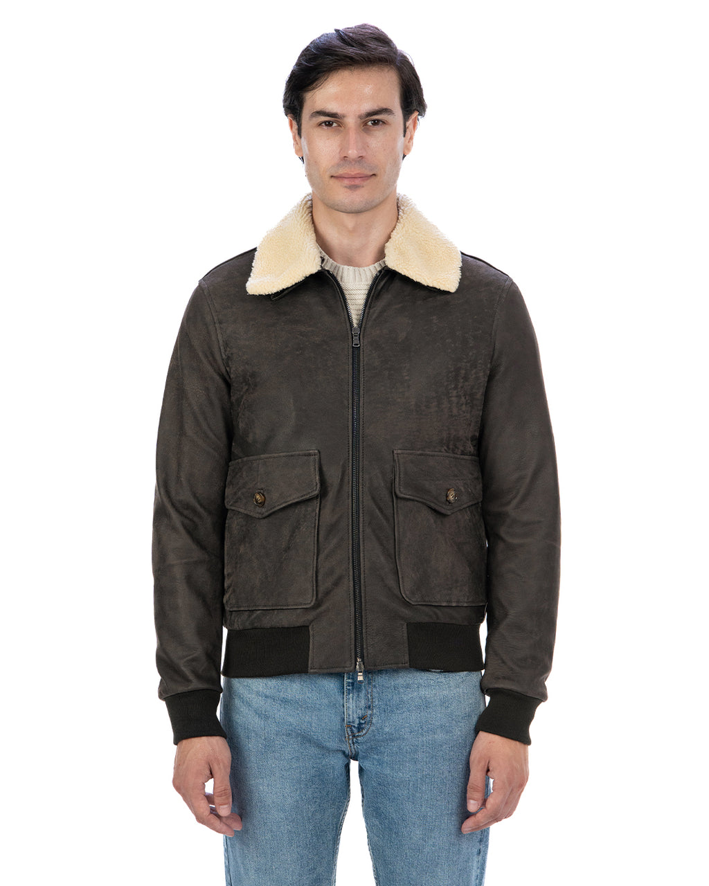 OSCAR SH Bomber Collo Camicia da uomo in vera pelle marrone effetto invecchiato