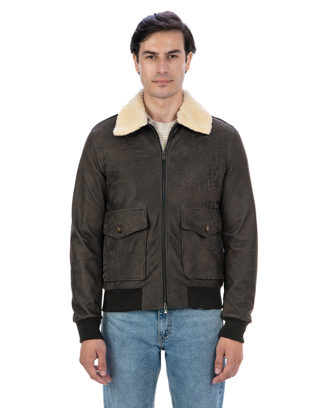 OSCAR SH Bomber Collo Camicia da uomo in vera pelle marrone effetto invecchiato