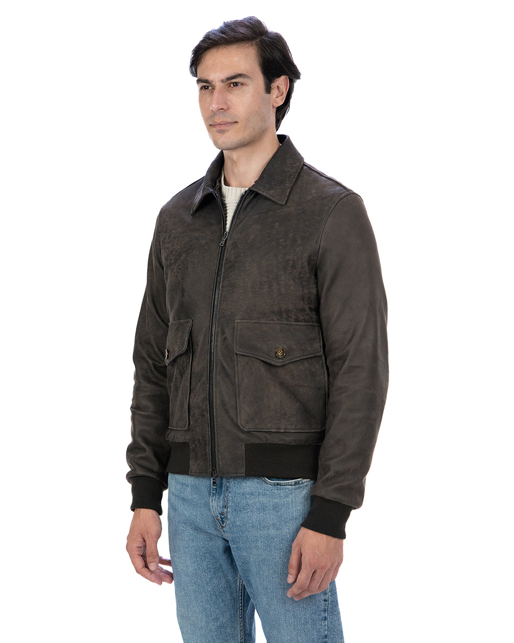 OSCAR Bomber Collo Camicia da uomo in vera pelle marrone effetto invecchiato