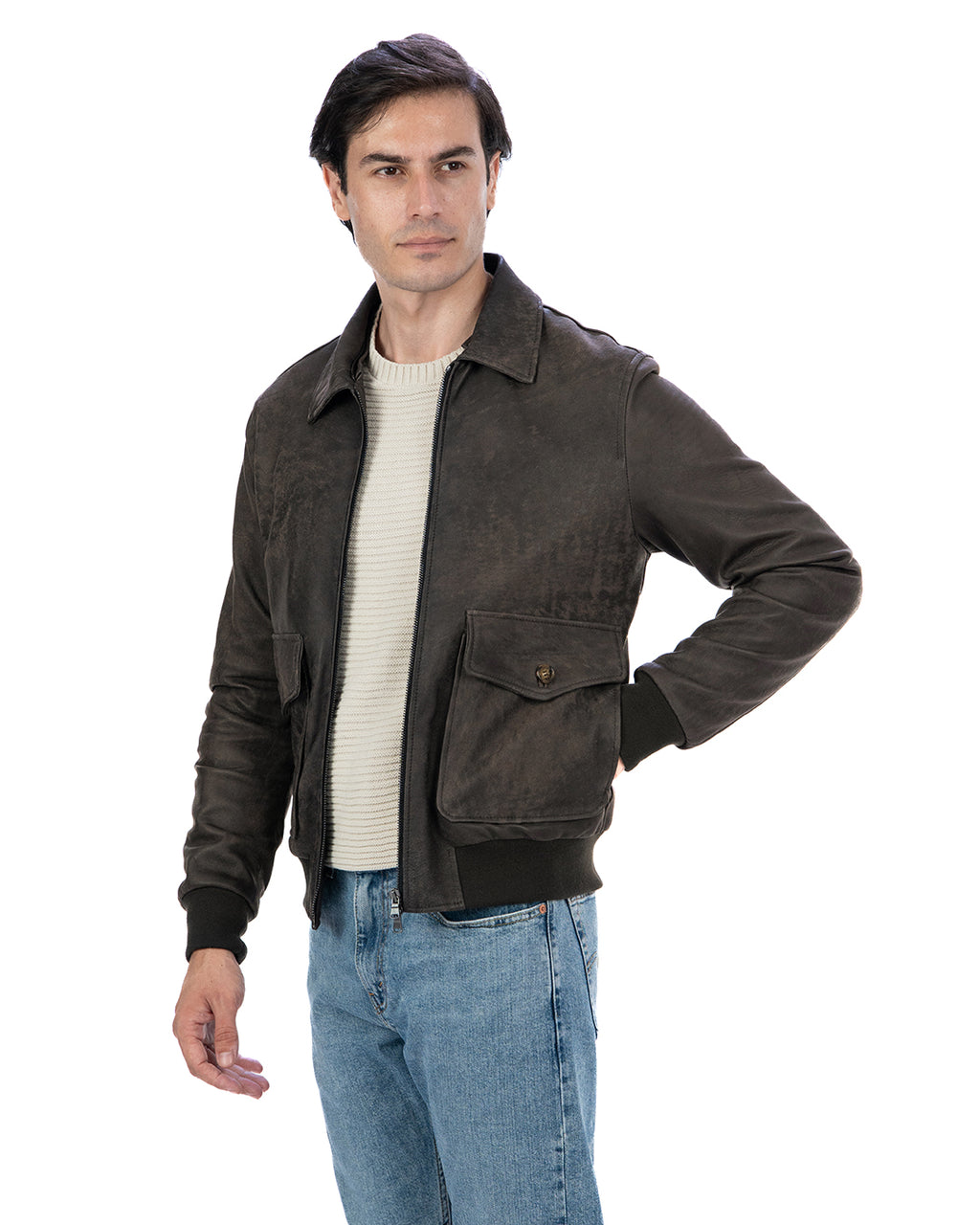 OSCAR Bomber Collo Camicia da uomo in vera pelle marrone effetto invecchiato