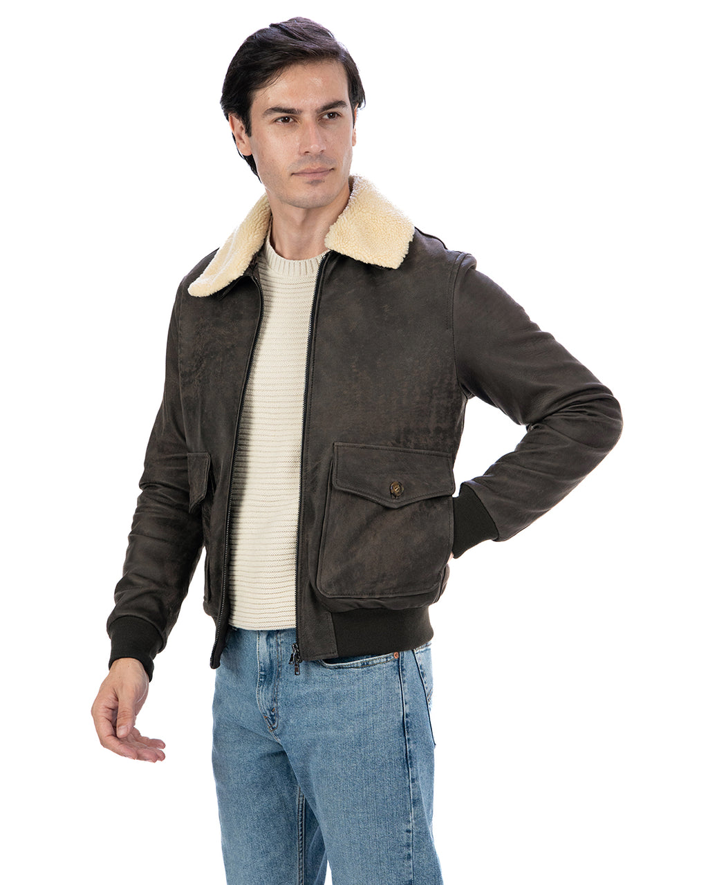 OSCAR SH Bomber Collo Camicia da uomo in vera pelle marrone effetto invecchiato