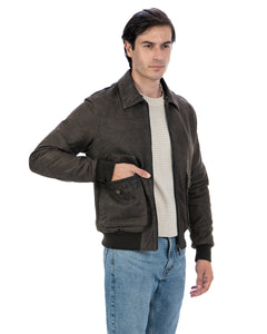 OSCAR Bomber Collo Camicia da uomo in vera pelle marrone effetto invecchiato