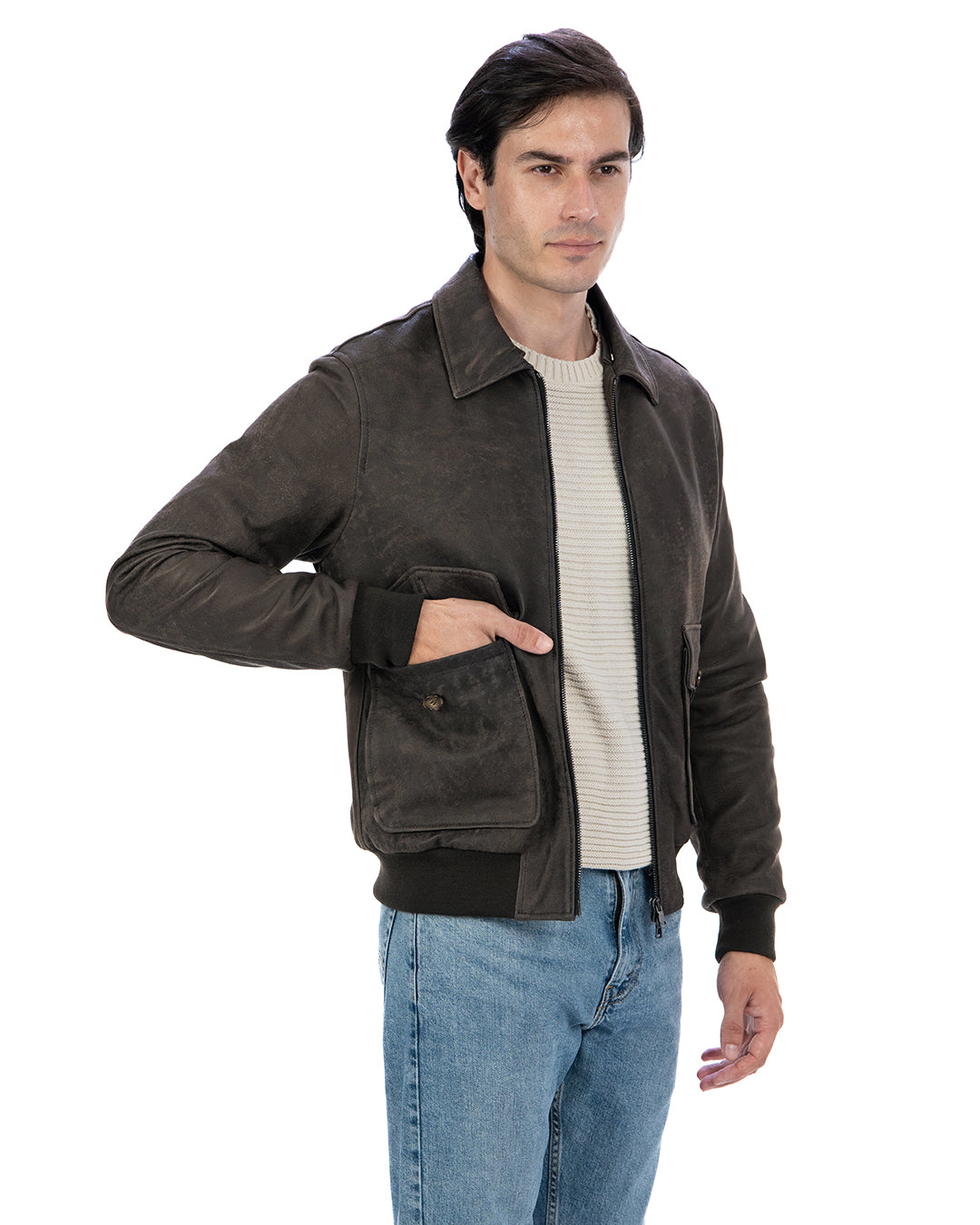 OSCAR Bomber Collo Camicia da uomo in vera pelle marrone effetto invecchiato