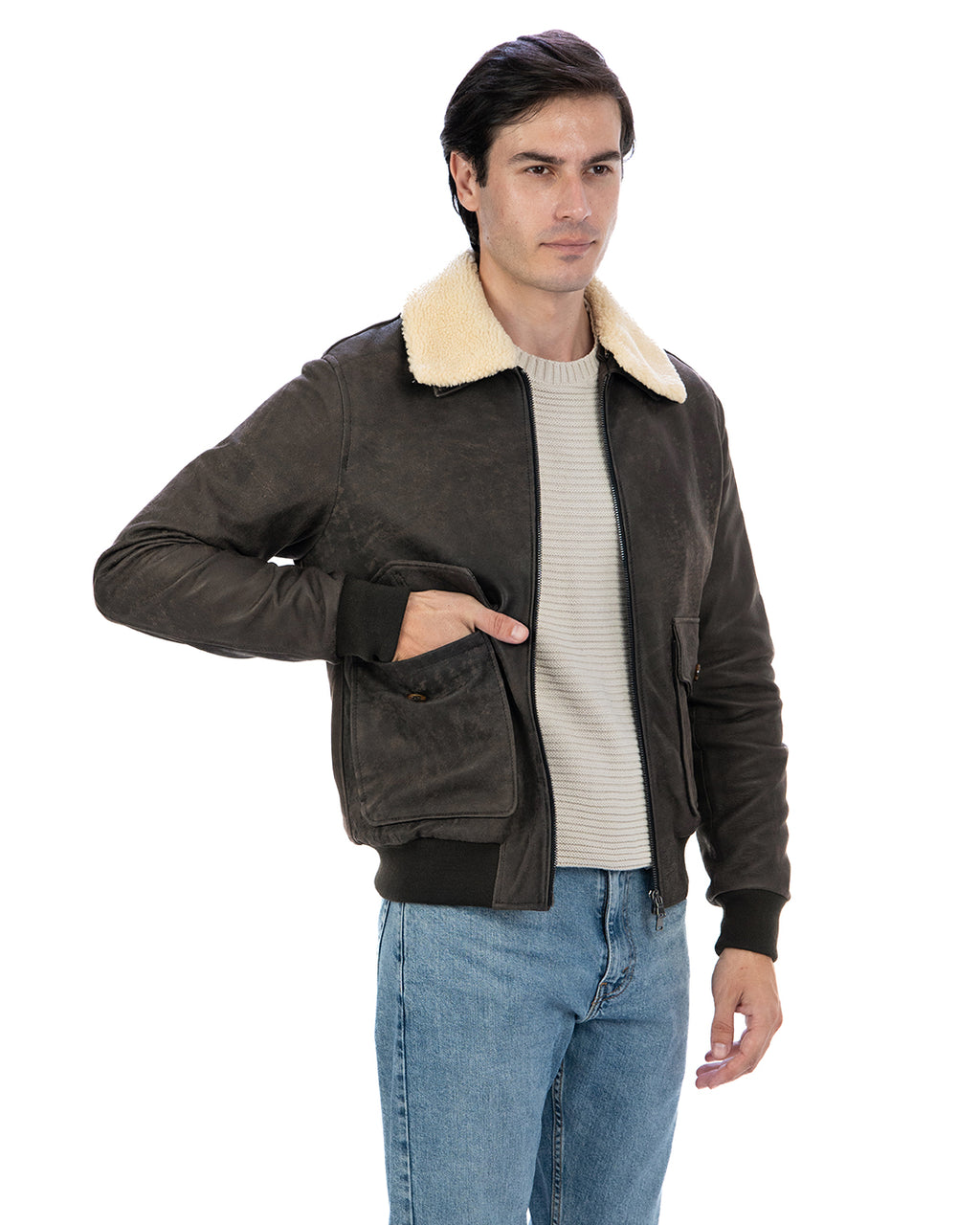 OSCAR SH Bomber Collo Camicia da uomo in vera pelle marrone effetto invecchiato