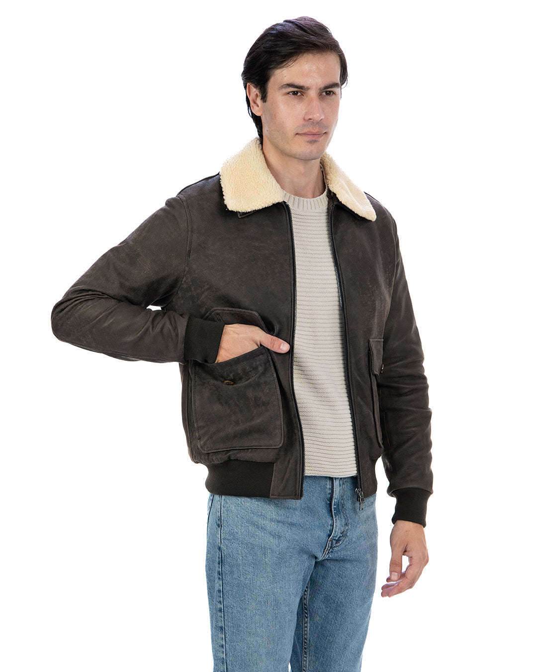 OSCAR SH Bomber Collo Camicia da uomo in vera pelle marrone effetto invecchiato