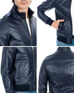 PHILIPH Giacca Bomber da uomo in vera pelle blu