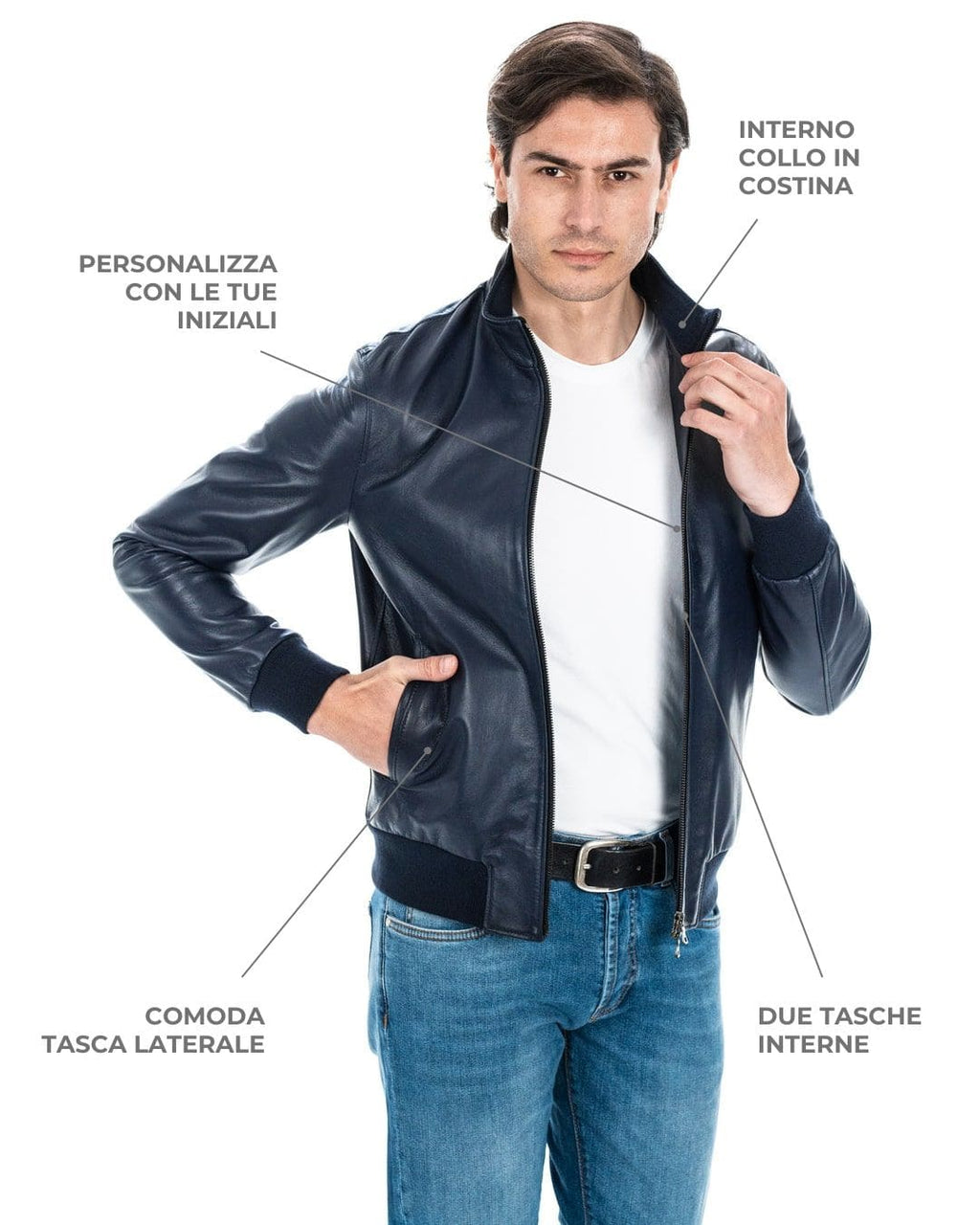 PHILIPH Giacca Bomber da uomo in vera pelle blu