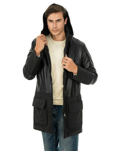 MARK Giaccone con cappuccio da uomo in vera pelle nero