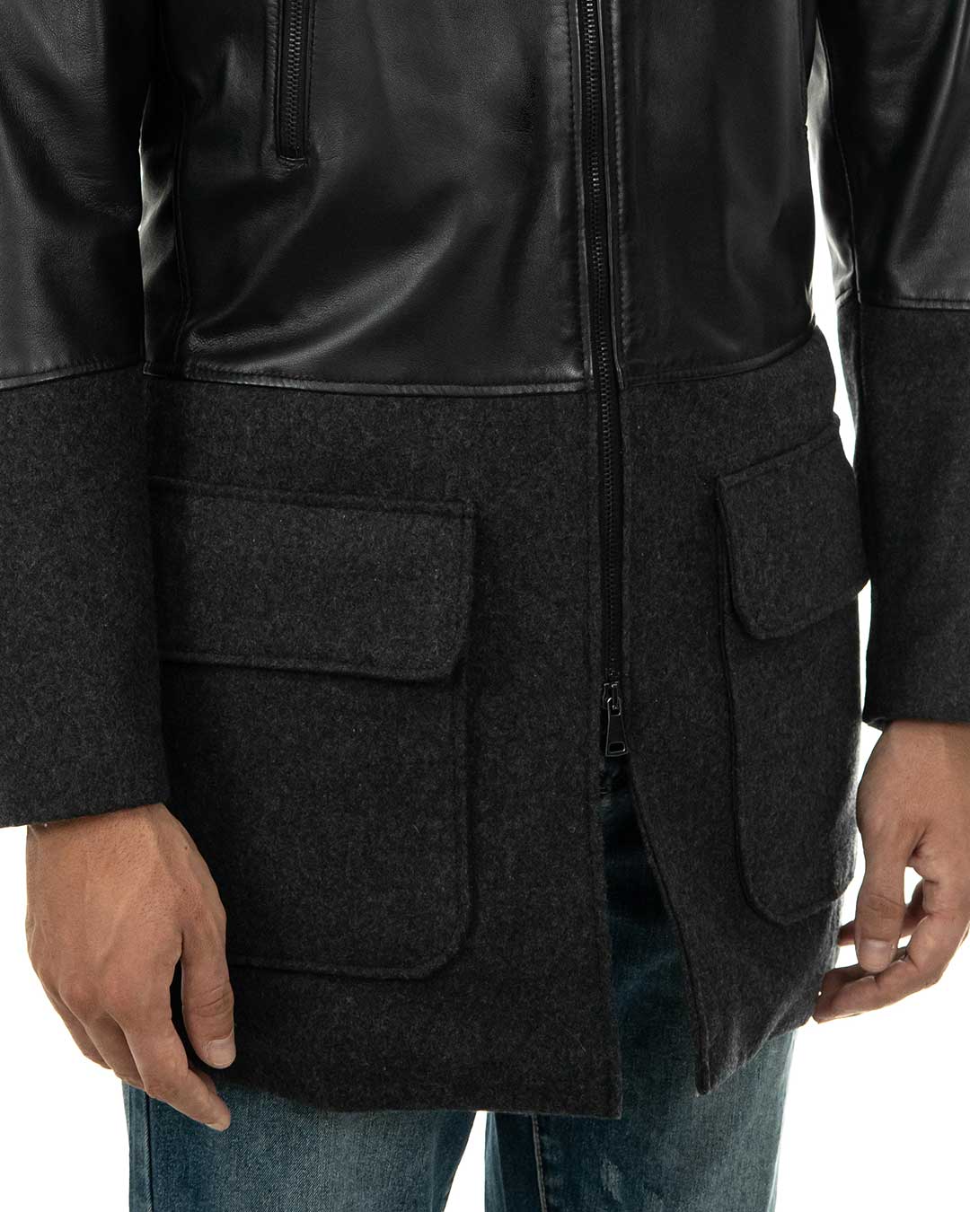 MARK Giaccone con cappuccio da uomo in vera pelle nero