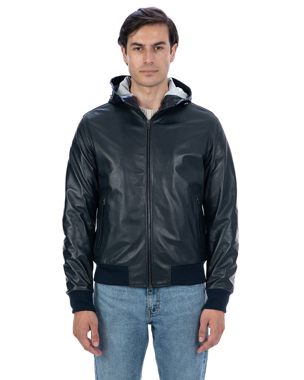 JOHN Giubbotto Bomber con cappuccio da uomo in vera pelle blu