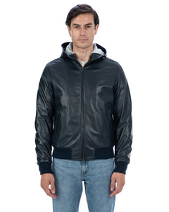 JOHN Giubbotto Bomber con cappuccio da uomo in vera pelle blu