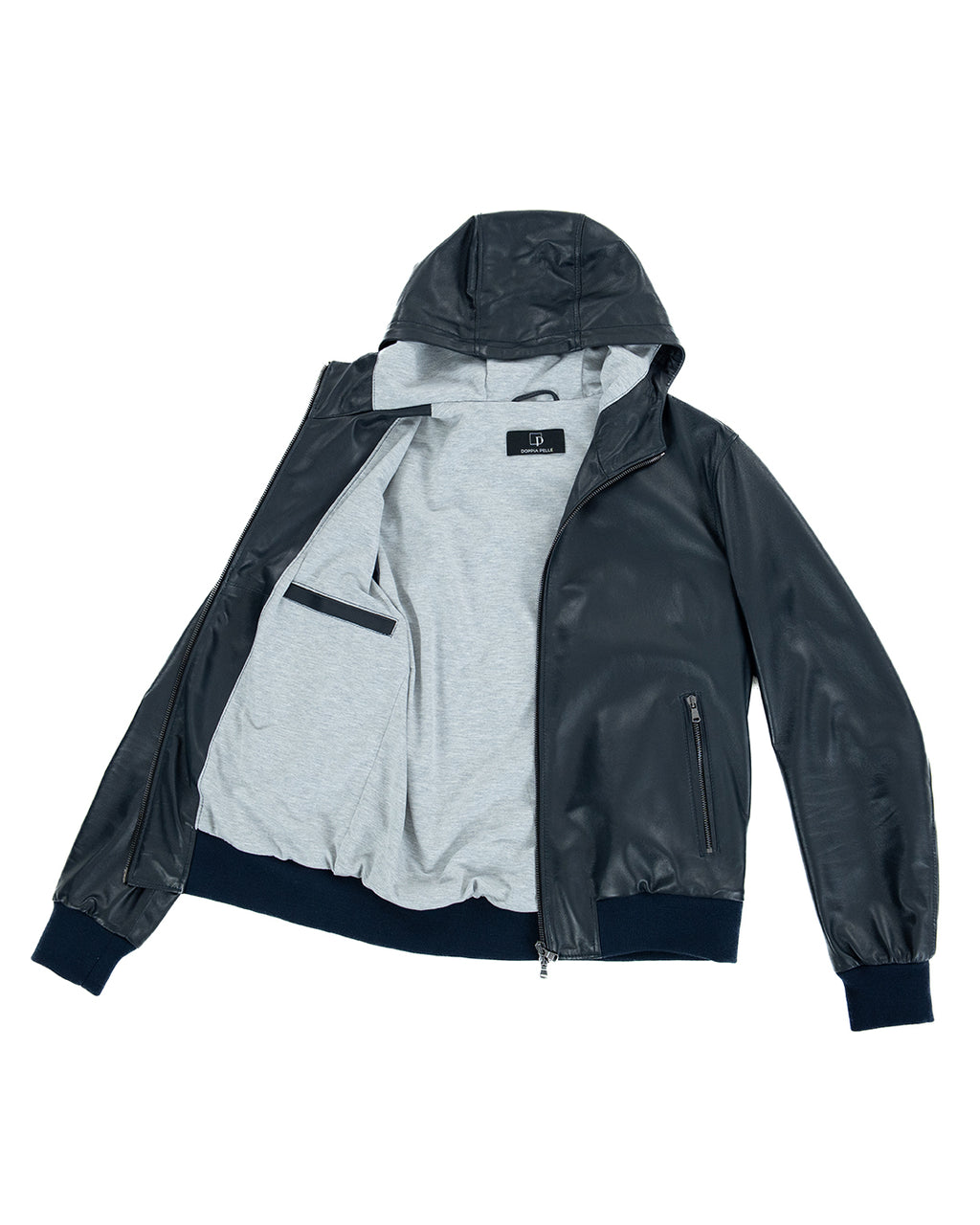 JOHN Giubbotto Bomber con cappuccio da uomo in vera pelle blu