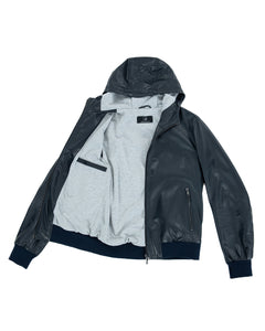 JOHN Giubbotto Bomber con cappuccio da uomo in vera pelle blu