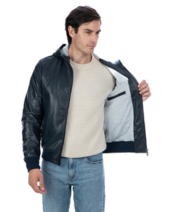 JOHN Giubbotto Bomber con cappuccio da uomo in vera pelle blu