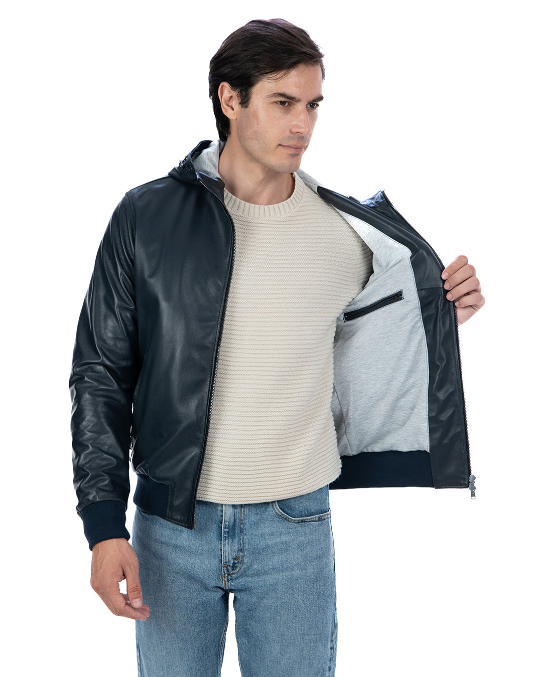 JOHN Giubbotto Bomber con cappuccio da uomo in vera pelle blu