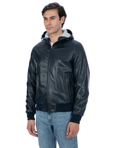JOHN Giubbotto Bomber con cappuccio da uomo in vera pelle blu