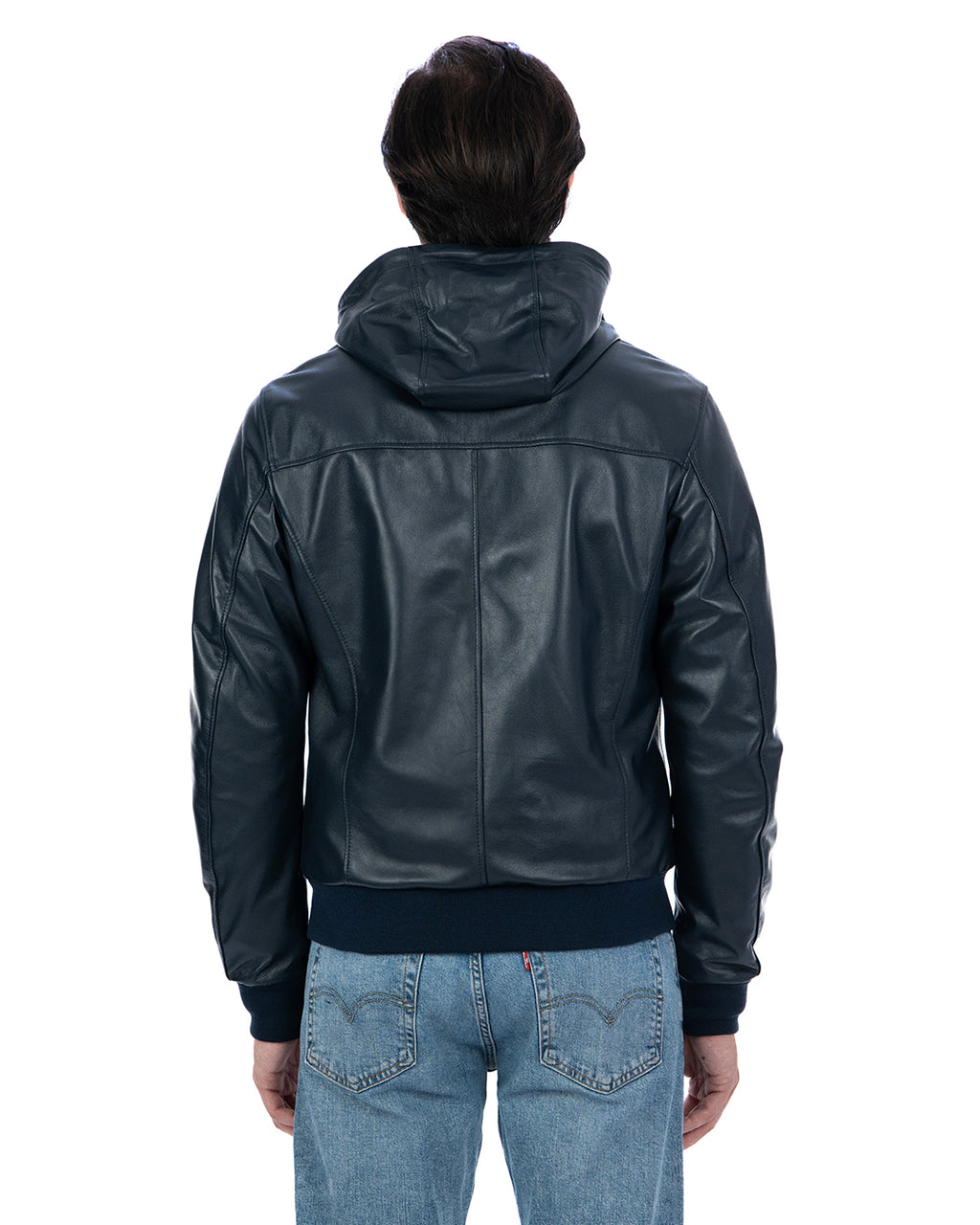 JOHN Giubbotto Bomber con cappuccio da uomo in vera pelle blu