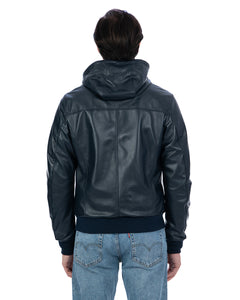 JOHN Giubbotto Bomber con cappuccio da uomo in vera pelle blu
